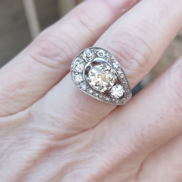 Old European cut diamond ring 14kt white gold U design - Picture 15 of 17